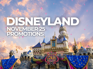 Sleeping Beauty Castle at Disneyland glows under a golden sunset sky, adorned with blue and purple 70th-anniversary banners. Bold white text reads ‘Disneyland November 25 Promotions,’ surrounded by soft pink sparkle accents.