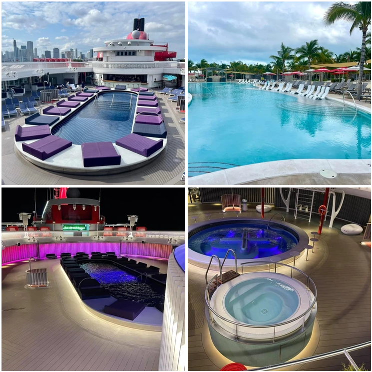 1. Top Left
Virgin Voyages cruise ship deck pool with purple loungers and Miami skyline in the background, showcasing the stylish adults-only pool experience aboard Virgin Voyages ships.

2. Top Right
Resort-style beach club pool at Bimini in the Bahamas with palm trees and lounge chairs, highlighting the exclusive Virgin Voyages Beach Club at Bimini experience.

3. Bottom Left
Virgin Voyages pool deck at night glowing with purple lighting and lounge seating, showcasing the vibrant nightlife atmosphere onboard Virgin Voyages ships.

4. Bottom Right
Virgin Voyages outdoor hot tubs and spa area on the upper deck, highlighting relaxing wellness spaces available on adults-only Virgin Voyages cruises.