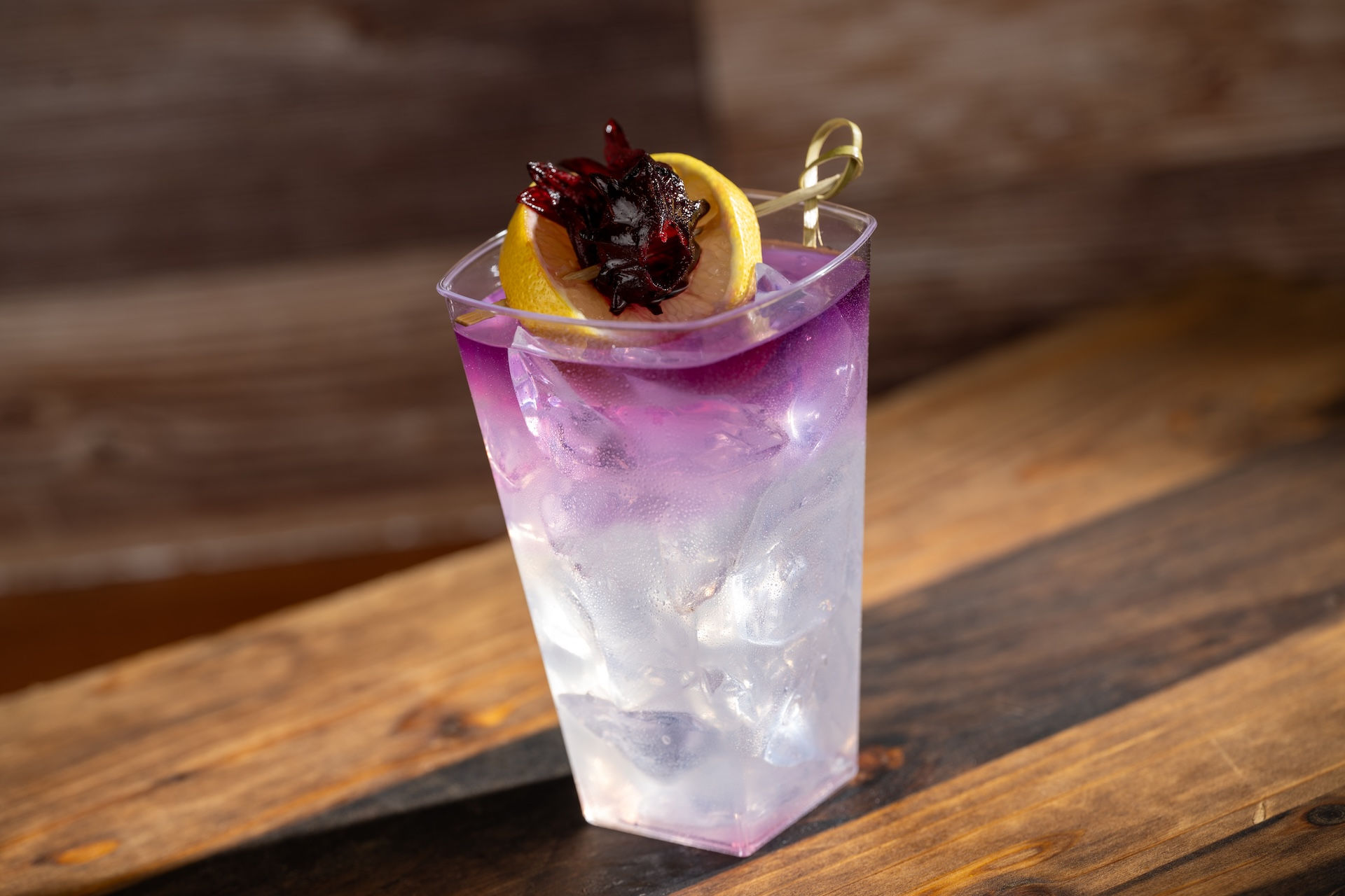 Purple layered festival cocktail with citrus garnish served over ice at EPCOT International Flower & Garden Festival in Walt Disney World, highlighting specialty festival beverages and expert Disney vacation planning tips from travel advisor Brandi Parker.