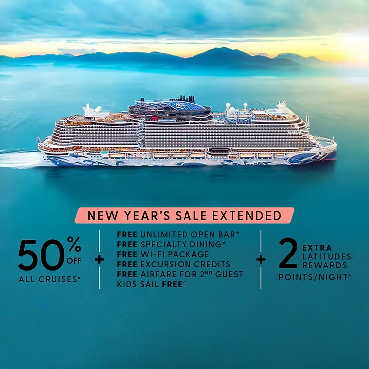 Wide aerial view of a Norwegian Cruise Line ship sailing through calm turquoise water at sunrise with mountains in the distance, featuring a New Year’s Sale promotion offering 50% off cruises, free open bar, specialty dining, Wi-Fi, excursion credits, airfare for second guest, kids sail free, and double rewards points for cruise travelers 🚢🌅