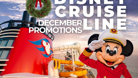 Captain Minnie Mouse stands in front of a Disney Cruise Line ship funnel and onboard water play area at sunset, wearing her red captain’s uniform and saluting. This promotional Disney Cruise Line image highlights December cruise deals, holiday sailings, family-friendly voyages, and magical ocean adventures perfect for winter vacations.