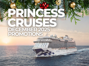 Princess Cruises December 2025 promotions banner featuring a large Princess Cruises ship sailing at sunset on calm ocean water, with warm pastel skies and a distant coastline. Festive holiday ornaments and evergreen branches frame the top of the image. Bold white text highlights cruise deals for December 2025. Holiday-themed cruise marketing graphic for Princess Cruises vacation offers.