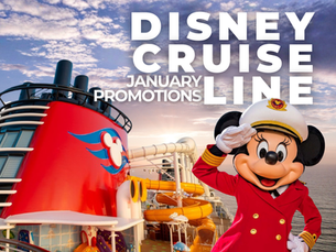 Captain Mickey salutes on the deck of a Disney Cruise Line ship at sunset, with the red funnel and yellow AquaDuck waterslide visible, and on-image text reading “Disney Cruise Line January Promotions,” highlighting seasonal cruise deals and family-friendly Disney cruise vacation planning.