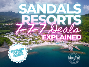 Aerial view of a beachfront Sandals Resort surrounded by lush green mountains and turquoise Caribbean water, with overlaid text reading “Sandals Resorts 7-7-7 Deals Explained” and a badge noting “Supplier of the Month.” Highlighted by Brandi Parker, Certified Elite Sandals Specialist, specializing in Sandals Resorts all-inclusive vacations and expert planning that helps couples maximize 7-7-7 deals, luxury inclusions, and resort-matched experiences.