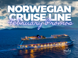 Promotional cruise image showing a Norwegian Cruise Line ship sailing across deep blue ocean waters at dusk with illuminated decks and mountainous islands in the distance beneath dramatic clouds. Large overlay text reads “Norwegian Cruise Line February Promos,” promoting limited-time NCL cruise deals, flexible cruising, and value-packed sailings. The image highlights Norwegian Cruise Line vacations expertly planned by Brandi Parker of Magical Moments Vacations, featuring ocean cruises, contemporary ships, diverse itineraries, and personalized cruise planning services.