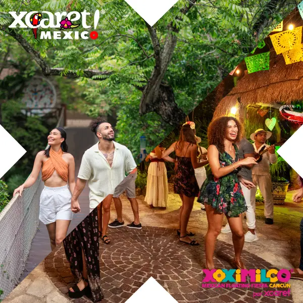 Xcaret Mexico Xoximilco evening fiesta with music, dancing, and traditional Mexican culture, showcasing vibrant nightlife, cultural immersion, and all-inclusive entertainment experiences in Riviera Maya.
