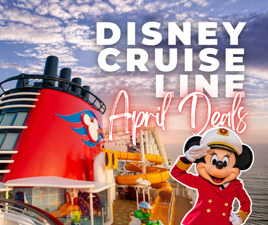 Disney Cruise Line ship deck with AquaDuck waterslide and iconic red funnel at sunset, featuring Captain Minnie Mouse and highlighting April cruise deals and family-friendly onboard experiences.