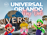 Universal Orlando May Deals promotional graphic featuring Super Mario characters including Mario Luigi and Princess Peach in front of iconic Universal Studios globe and palm trees advertising monthly theme park vacation package special offers and discounts in Florida