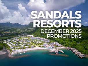 “Aerial view of a Sandals Resorts beachfront property surrounded by lush green mountains, white-sand beaches, turquoise water, overwater bungalows, and luxury Caribbean-style villas. Large white text reads ‘Sandals Resorts December 2025 Promotions.’ © Sandals Resorts.”