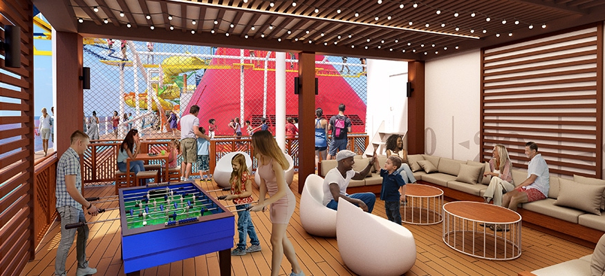 Carnival Cruise Line family-friendly onboard play area featuring foosball, lounge seating, kids and parents relaxing together, and fun outdoor spaces designed for multigenerational cruise vacations.
