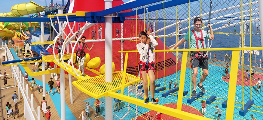 Carnival Cruise Line onboard ropes course and zipline attraction featuring kids and adults in safety harnesses, highlighting active adventure experiences on a family-friendly cruise ship.