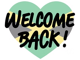 Heart-shaped graphic in green, yellow, and black inspired by the Jamaican flag, featuring bold text reading “Welcome Back!” used to celebrate travel and tourism returning to Jamaica.