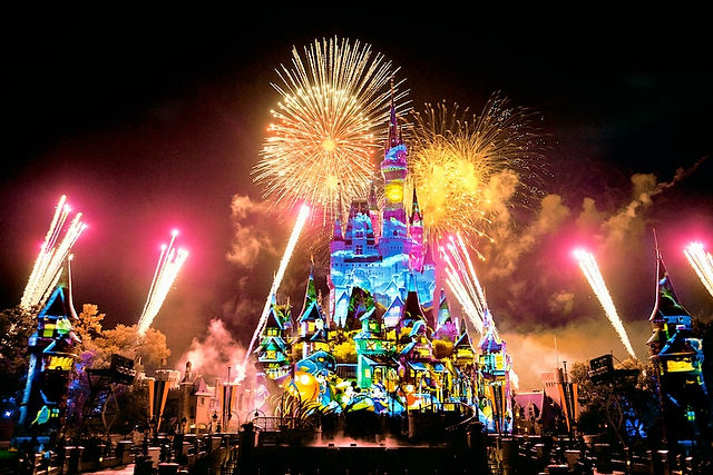 Disney’s Not-So-Spooky Spectacular fireworks lighting up Cinderella Castle during Mickey’s Not-So-Scary Halloween Party at Magic Kingdom.