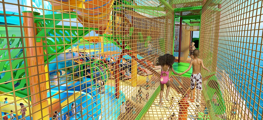 Carnival Cruise Line kids adventure zone featuring children walking across a netted rope bridge above the onboard water park, highlighting family-friendly cruise activities, safe play structures, and fun-filled experiences on a modern Carnival cruise ship.