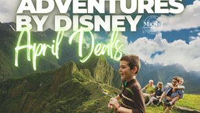 Adventures by Disney April deals promotional graphic featuring a family exploring Machu Picchu, highlighting guided family travel experiences and limited-time vacation savings.