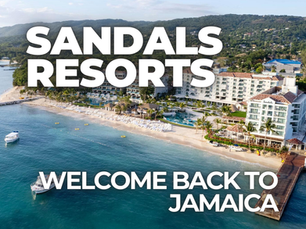 Aerial view of a Sandals Resorts beachfront property in Jamaica featuring white-sand beaches, turquoise ocean water, resort buildings, pools, and a pier extending into the sea, with on-image text reading “Sandals Resorts Welcome Back to Jamaica,” highlighting the return of luxury all-inclusive travel to Jamaica.