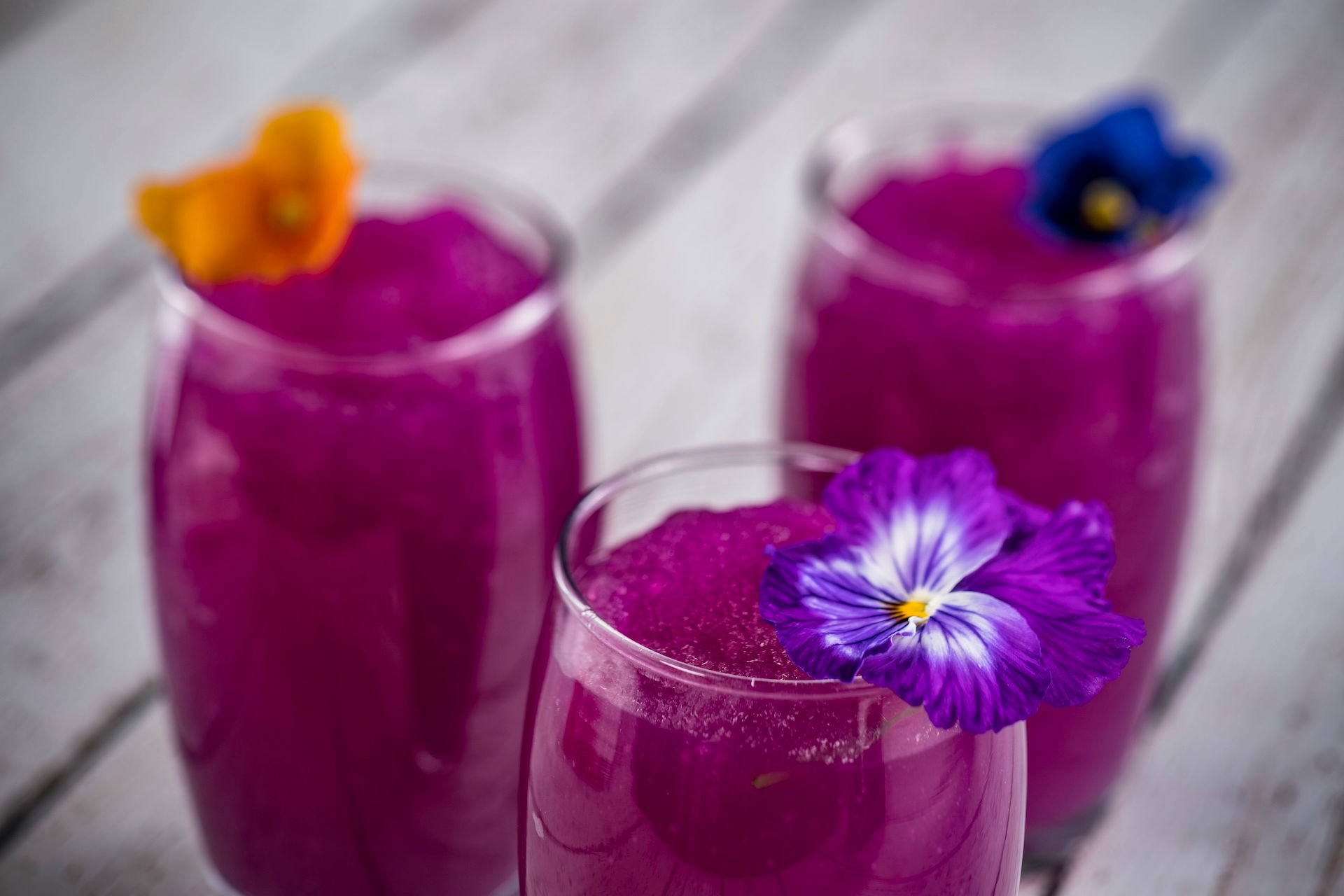 “Colorful frozen festival beverage with edible flower garnish at EPCOT International Flower and Garden Festival, showcasing Walt Disney World spring festival drinks recommended by Disney planning expert Brandi Parker.”