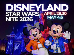 Promotional graphic for Disneyland Star Wars Nite 2026 featuring Mickey and Minnie Mouse dressed in Star Wars–inspired outfits in front of Sleeping Beauty Castle illuminated with galactic lighting effects, with event dates displayed for late April and early May.
