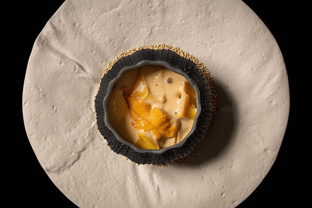 Disneyland Napa Rose fine dining dessert featuring a plated gourmet sweet course with creamy custard and citrus elements, showcasing artistic presentation and upscale Michelin-recognized cuisine at Disneyland Resort.