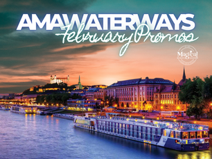 AmaWaterways February river cruise promotion featuring a luxury AmaWaterways ship sailing along a European river at sunset, promoted by Brandi Parker of Magical Moments Vacations, an experienced river cruise travel advisor specializing in AmaWaterways itineraries, Danube and Rhine River cruises, immersive European experiences, and personalized concierge-level river cruise planning.