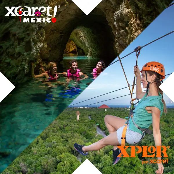 Xcaret Mexico adventure parks with underground river swimming and ziplining at Xplor, highlighting adrenaline activities, eco-adventure experiences, and all-inclusive park access in Riviera Maya.
