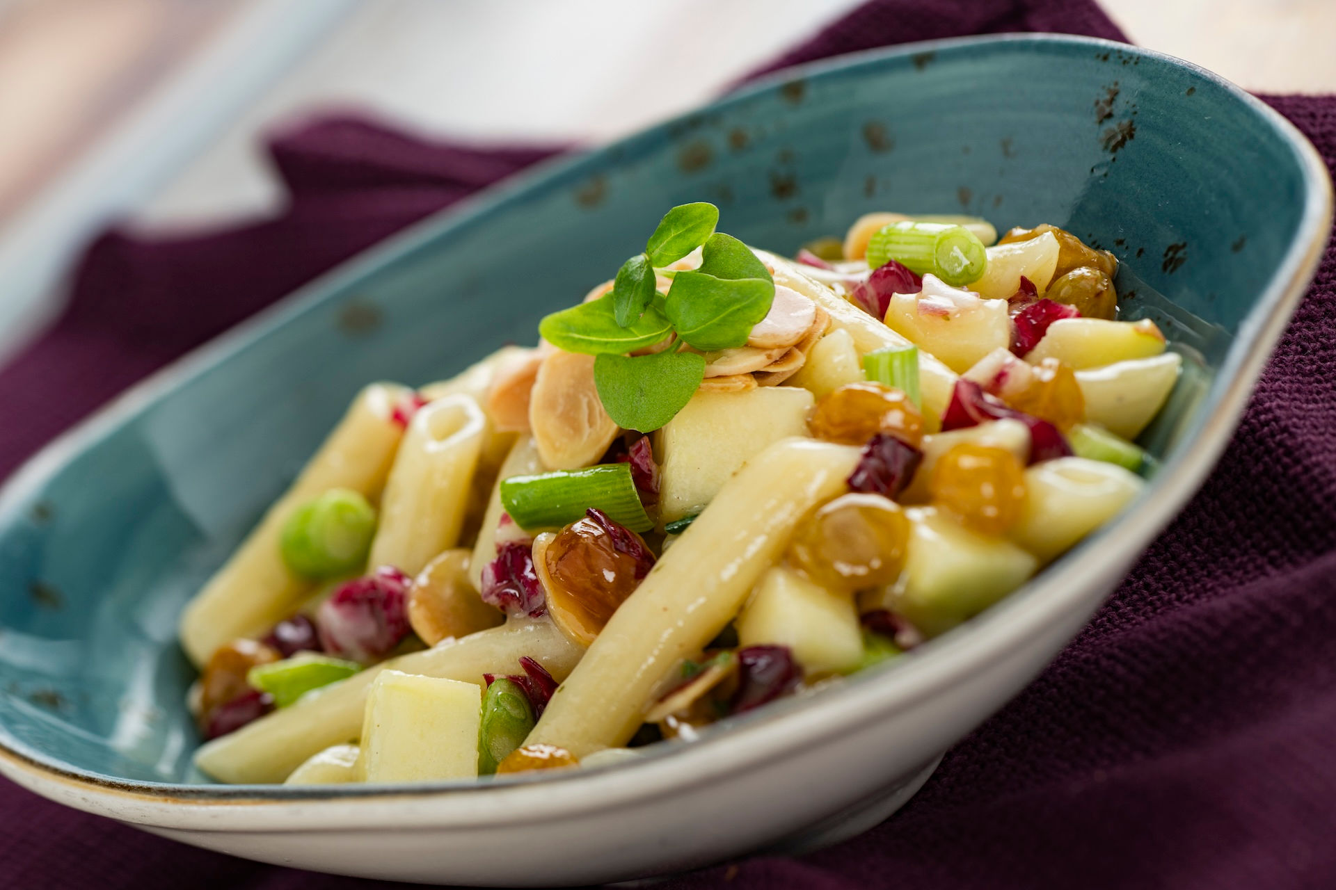 Chilled penne pasta salad with apples, raisins, scallions, and almonds in light dressing, served at EPCOT Flower & Garden Festival Outdoor Kitchen.