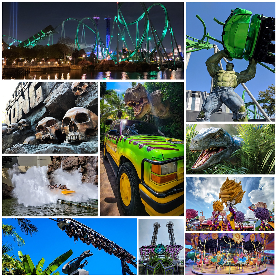 Collage of Universal Islands of Adventure attractions featuring Jurassic World VelociCoaster, Incredible Hulk Coaster, Hagrid’s Magical Creatures Motorbike Adventure, Seuss Landing, and Marvel Super Hero Island.