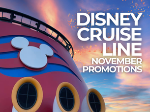 The iconic red and blue Disney Cruise Line ship funnel with Mickey Mouse ears logo set against a dreamy sunset sky with glowing golden sparkles, symbolizing the excitement of the November Disney Cruise Line promotions.