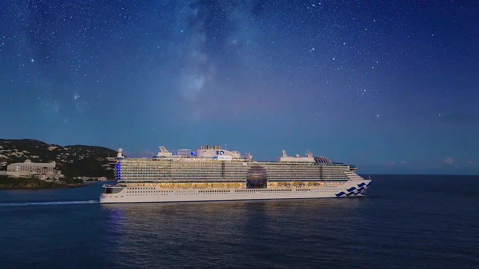 Princess Cruises ship sailing at night under a star-filled sky near a tropical island, showcasing premium cruise experiences and worldwide itineraries available with Princess cruise promotions and expert planning by Brandi Parker.