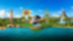 Universal Orlando Resort skyline featuring the Universal globe, Epic Universe portal, Islands of Adventure volcano, and roller coasters representing multiple Universal theme parks.