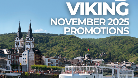 A sleek white Viking river cruise ship sails past a charming European town with twin-spired churches, lush green hills, and calm blue water. Bold text reads “Viking November 2025 Promotions” with the Viking Cruises logo above. The scene evokes luxury, relaxation, and scenic European travel.