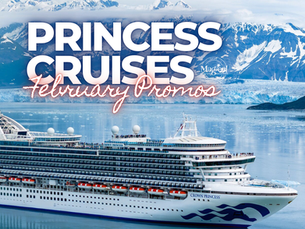 Promotional cruise image showing a Princess Cruises ship sailing through icy blue waters with towering glaciers and snow-capped mountains in the background, representing an Alaska cruise destination. Large overlay text reads “Princess Cruises February Promos,” highlighting limited-time Princess Cruises offers. The image promotes Princess Cruises vacations curated by Brandi Parker of Magical Moments Vacations, featuring scenic Alaska cruising, glacier viewing, immersive nature experiences, and expert cruise planning for unforgettable voyages.