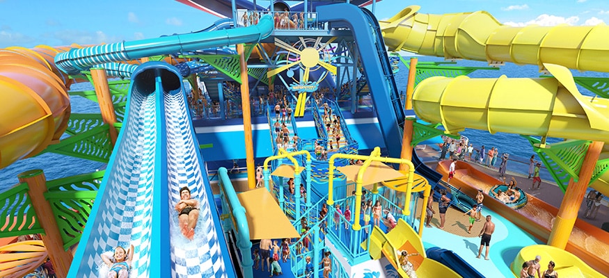 Carnival Cruise Line expansive onboard water park with multiple high-speed waterslides, splash play areas, and families enjoying outdoor fun on a modern family-friendly cruise ship.