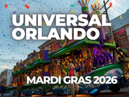 Universal Orlando Mardi Gras parade float decorated in vibrant New Orleansâinspired colors with performers waving from the float and confetti in the air, featuring on-image text reading âUniversal Orlando Mardi Gras 2026,â highlighting the annual Universal Orlando Resort Mardi Gras celebration.