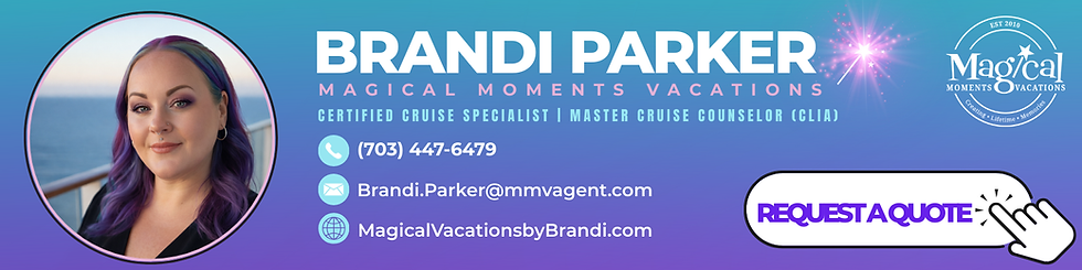Professional travel advisor branding banner featuring Brandi Parker of Magical Moments Vacations, shown in a polished portrait with ocean views behind her. The graphic identifies Brandi Parker as a Certified Cruise Specialist and Master Cruise Counselor (CLIA), includes her phone number, email address, and website, and features a prominent “Request a Quote” call-to-action button, representing expert cruise planning, personalized vacation consulting, and concierge-level travel services led by Brandi Parker.