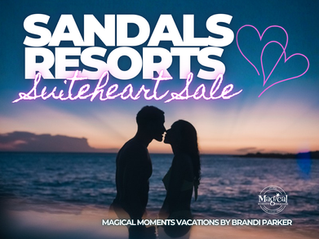 Romantic beach scene at sunset showing the silhouette of a couple standing close together at the shoreline, with bold overlay text reading “Sandals Resorts Sweetheart Sale” and heart graphics. The image promotes an adults-only luxury all-inclusive Sandals Resorts promotion, highlighting romantic getaways, honeymoon and anniversary travel, Caribbean beach vacations, and expert Sandals vacation planning through Magical Moments Vacations by Brandi Parker.