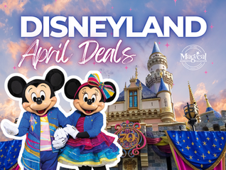 Branded promotional graphic for Disneyland April deals featuring Sleeping Beauty Castle with Mickey and Minnie Mouse, highlighting vacation savings and expert planning services by Brandi Parker.