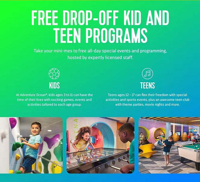 Royal Caribbean cruise complimentary kids club and teen programs featuring supervised youth activities, Adventure Ocean kids club, and teen lounges, highlighting free drop-off programs included on a Royal Caribbean cruise for families, planned with guidance from cruise specialist Brandi Parker.