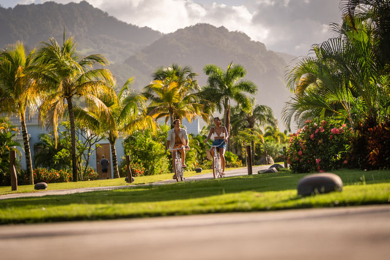 Couple riding bicycles along a palm-lined pathway at a Sandals Resorts property, surrounded by lush tropical landscaping and mountain views in the distance, capturing a relaxed, resort-wide Caribbean experience. Curated by Brandi Parker, Certified Elite Sandals Specialist, specializing in Sandals Resorts all-inclusive vacations and expert planning for adults-only Caribbean getaways that blend relaxation, activities, and luxury amenities.