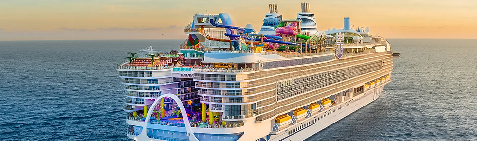 “Royal Caribbean cruise ship sailing at sunset, featuring colorful top-deck waterslides, pools, observation areas, and entertainment zones, with calm ocean water surrounding the vessel.”