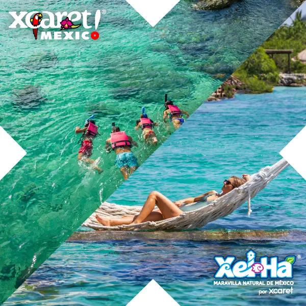 Xcaret Mexico park experiences featuring snorkeling in turquoise waters and relaxing hammock over the ocean at Xel-Há, showcasing all-inclusive adventure parks, eco-activities, and Riviera Maya vacation experiences.