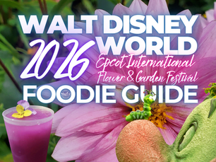 Walt Disney World EPCOT International Flower & Garden Festival 2026 foodie guide cover featuring colorful spring flowers, festival drink, and garden décor, representing EPCOT festival food booths and seasonal dining experiences, curated by Disney travel specialist Brandi Parker.