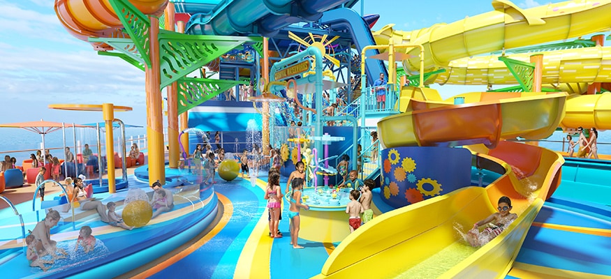 Carnival Cruise Line onboard water park featuring colorful twisting waterslides, splash zones, and kids playing on a family-friendly cruise ship deck designed for fun-filled vacations at sea.