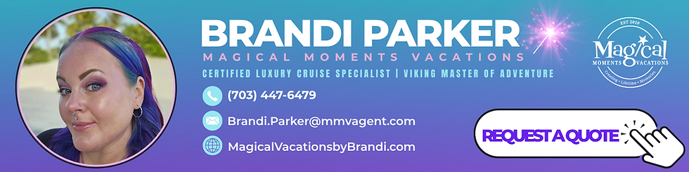 A professional banner featuring Brandi Parker, Certified Luxury Cruise Specialist and Viking Master of Adventure with Magical Moments Vacations. The design includes Brandi’s smiling portrait, her contact details, agency logo, and a prominent “Request a Quote” button on a teal-to-purple gradient background.