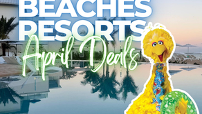 Graphic reading “Beaches Resorts April Deals” over a tranquil oceanfront pool at a Beaches Resort at sunset, with palm trees, lounge chairs, and Big Bird holding a green pool float, highlighting family-friendly all-inclusive vacation savings.