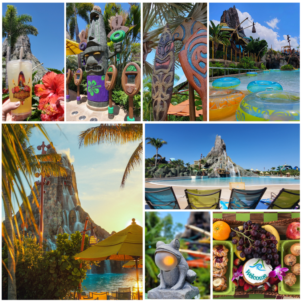 Universal Volcano Bay water theme park collage showcasing Krakatau volcano, thrilling water slides, lazy river relaxation, and tropical cabanas, highlighting Universal Orlando vacation packages curated by travel specialist Brandi Parker.