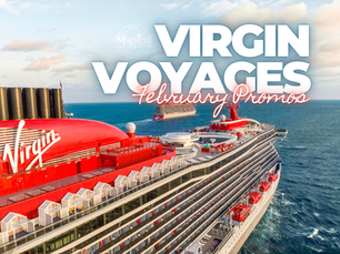 Aerial view of a bright red and white Virgin Voyages cruise ship sailing through open ocean under a blue sky, with bold text reading “Virgin Voyages February Promos” over the image. Featured by Brandi Parker, Certified Cruise Specialist and Virgin Voyages Highest-Level First Mate, specializing in adults-only luxury cruise vacations and personalized Virgin Voyages cruise planning.