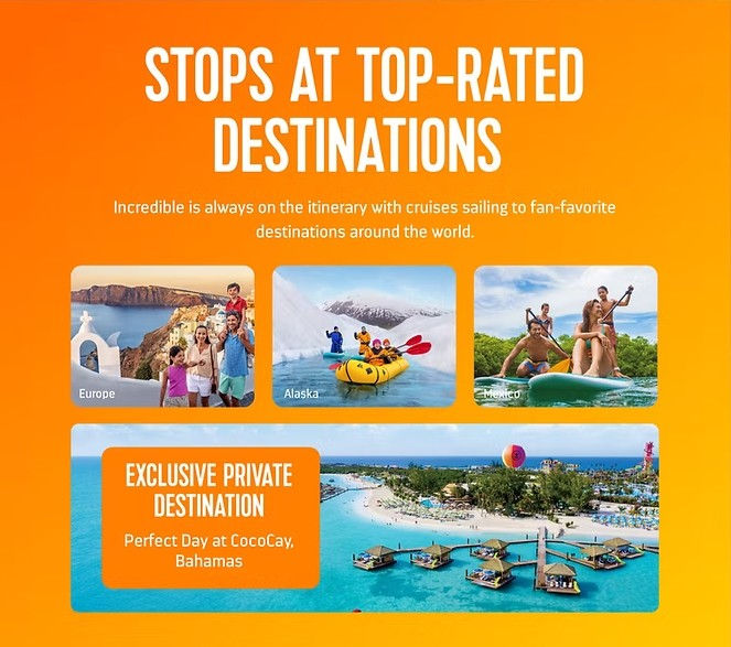 Royal Caribbean cruise destinations including Europe, Alaska, Mexico, and Perfect Day at CocoCay private island in the Bahamas, highlighting stops included on Royal Caribbean cruise itineraries and exclusive cruise destinations, planned with expertise from cruise specialist Brandi Parker.