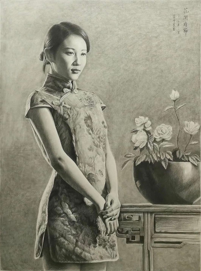 《铅笔画花开时节》作者:蒋学贤,绘自己爱女的肖像,花开时节婷婷玉立的年龄.jpeg