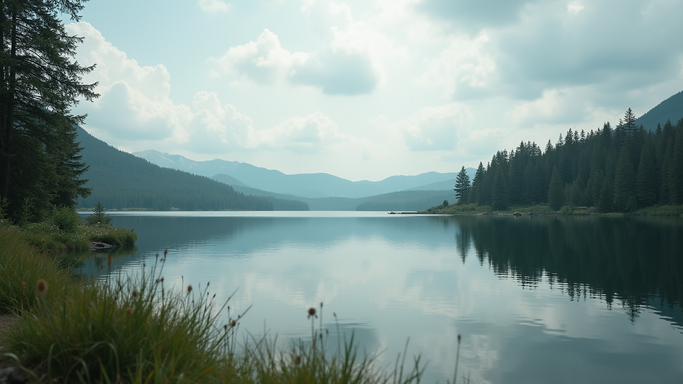 Eye-level view of a serene landscape with a calm lake and surrounding trees